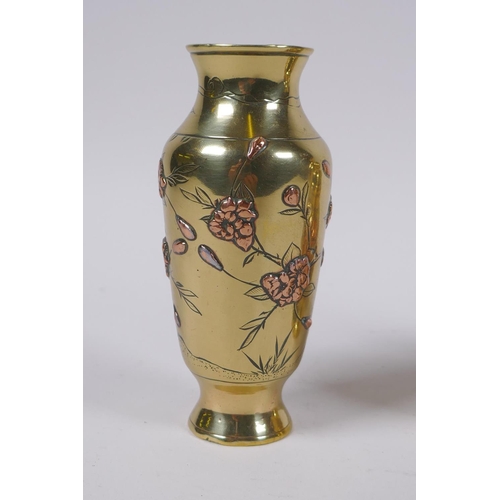 140 - A pair of Japanese brass spill vases with copper inlaid bird and prunus blossom decoration, and a ma... 