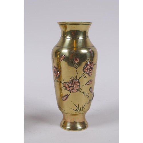 140 - A pair of Japanese brass spill vases with copper inlaid bird and prunus blossom decoration, and a ma... 