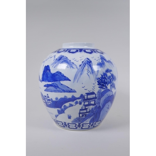 148 - A Chinese blue and white porcelain bulbous vase decorated with a riverside landscape, 23cm high