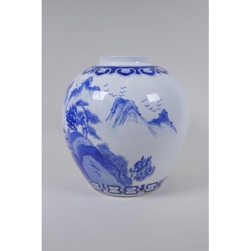 148 - A Chinese blue and white porcelain bulbous vase decorated with a riverside landscape, 23cm high