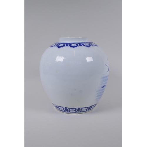 148 - A Chinese blue and white porcelain bulbous vase decorated with a riverside landscape, 23cm high