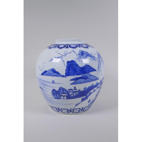 148 - A Chinese blue and white porcelain bulbous vase decorated with a riverside landscape, 23cm high