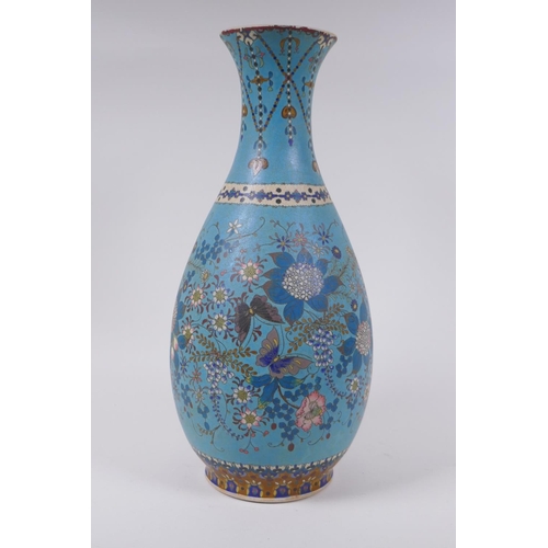 16 - A Japanese Meiji period cloisonne on porcelain pear shaped vase with floral and butterfly decoration... 