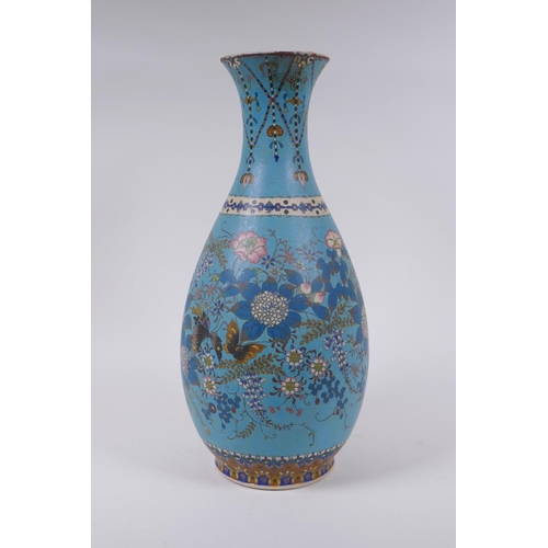 16 - A Japanese Meiji period cloisonne on porcelain pear shaped vase with floral and butterfly decoration... 