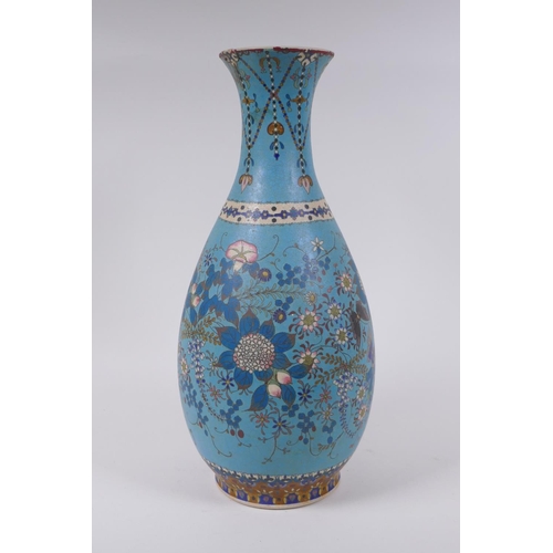 16 - A Japanese Meiji period cloisonne on porcelain pear shaped vase with floral and butterfly decoration... 