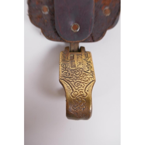 163 - A Chinese leather and bronze buckle with tiger and carp decoration, inscription verso, 13cm