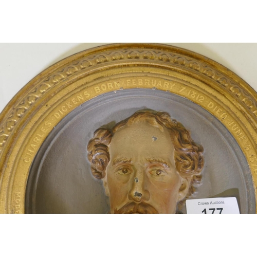 177 - A C19th cold painted and gilt commemorative plaque depicting a bust portrait of Charles Dickens, mod... 