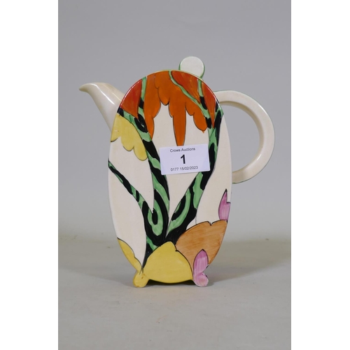 1 - A Clarice Cliff Bizarre Fantasque Bonjour tea pot and cover, in the Honolulu pattern, stamped to bas... 