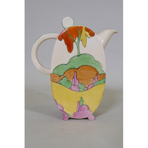 1 - A Clarice Cliff Bizarre Fantasque Bonjour tea pot and cover, in the Honolulu pattern, stamped to bas... 