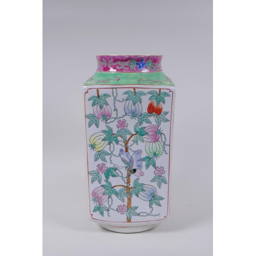 180 - A Chinese famille rose enamelled porcelain square form vase decorated with butterflies and gourds se... 