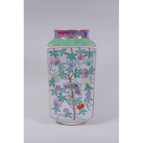 180 - A Chinese famille rose enamelled porcelain square form vase decorated with butterflies and gourds se... 