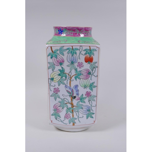 180 - A Chinese famille rose enamelled porcelain square form vase decorated with butterflies and gourds se... 