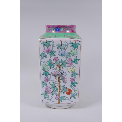 180 - A Chinese famille rose enamelled porcelain square form vase decorated with butterflies and gourds se... 