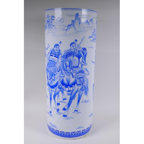 183 - A Chinese blue and white porcelain stick stand decorated with warriors on horseback, 62cm high x 25c... 