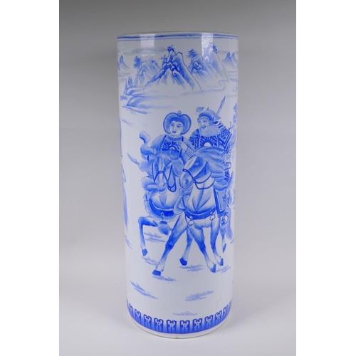 183 - A Chinese blue and white porcelain stick stand decorated with warriors on horseback, 62cm high x 25c... 