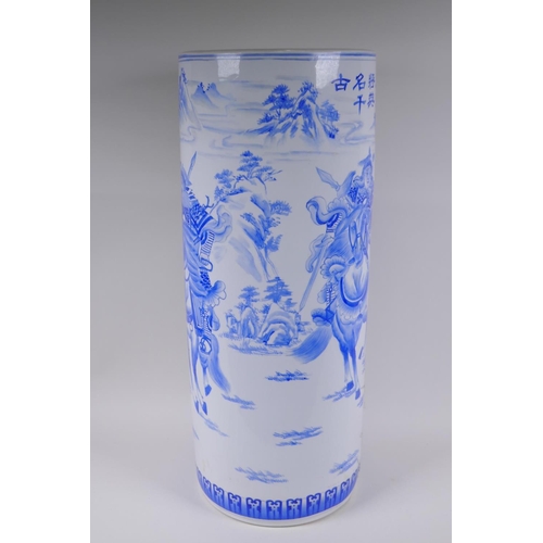 183 - A Chinese blue and white porcelain stick stand decorated with warriors on horseback, 62cm high x 25c... 