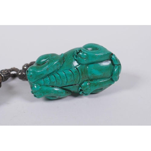 186 - A Chinese imitation turquoise kylin pendant/toggle, 7cm long