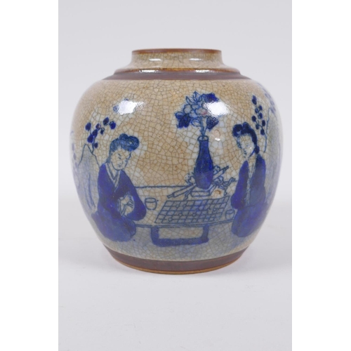 198 - A Chinese blue and white crackleware ginger jar with bronze style bands and depictions of women play... 