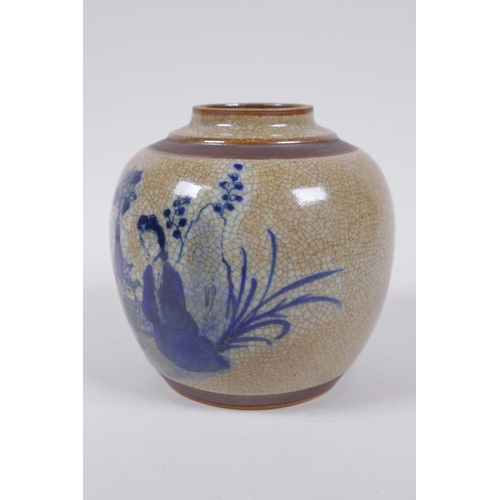 198 - A Chinese blue and white crackleware ginger jar with bronze style bands and depictions of women play... 