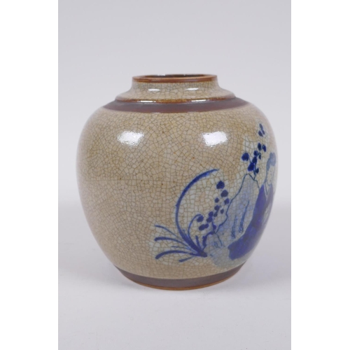 198 - A Chinese blue and white crackleware ginger jar with bronze style bands and depictions of women play... 