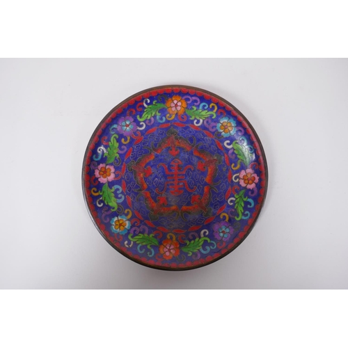 203 - A Chinese cloisonne enamel dish decorated with auspicious symbols, bats and birds, crack to base, 20... 