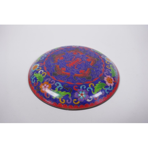 203 - A Chinese cloisonne enamel dish decorated with auspicious symbols, bats and birds, crack to base, 20... 