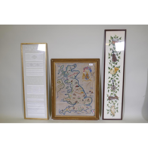 211 - A C19th French lace sample dated 1890, framed, 28 x 85cm, an embroidery and embroidered map of the U... 