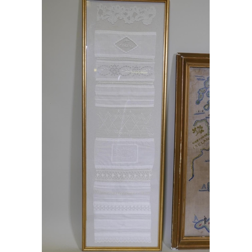 211 - A C19th French lace sample dated 1890, framed, 28 x 85cm, an embroidery and embroidered map of the U... 