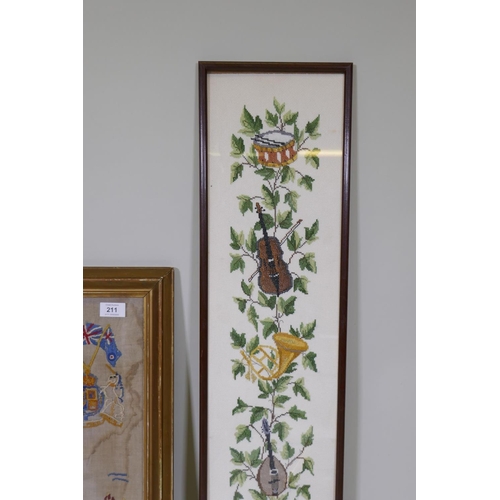 211 - A C19th French lace sample dated 1890, framed, 28 x 85cm, an embroidery and embroidered map of the U... 