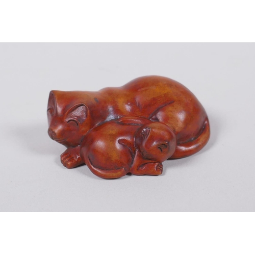 215 - A Japanese carved boxwood netsuke in the form of two cats, signed to base, 6cm wide