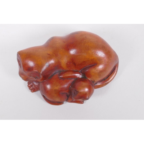 215 - A Japanese carved boxwood netsuke in the form of two cats, signed to base, 6cm wide