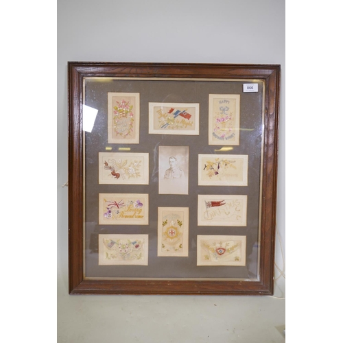 217 - Ten WWI silk postcards framed with a photograph portrait of a British soldier