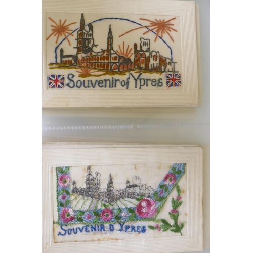 22 - A collection of WWI silk postcards, souvenirs of Rouen, Belgium, Ypres, good luck, patriotic, naval ... 