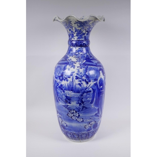 31 - A Japanese Meiji period blue and white porcelain vase with a frilled rim, decorated with geisha and ... 