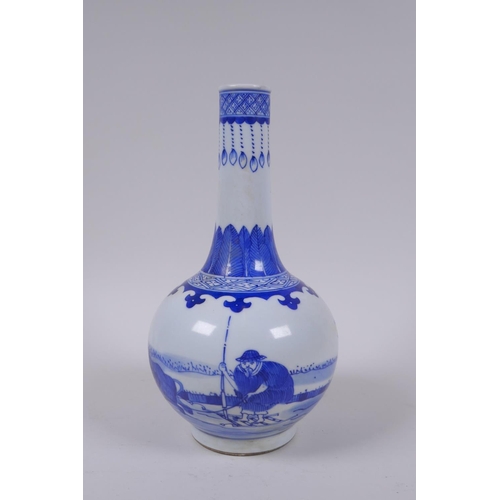 35 - A blue and white porcelain bottle vase decorated with a figure riding a buffalo drawn raft, Chinese ... 