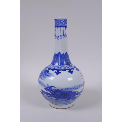 35 - A blue and white porcelain bottle vase decorated with a figure riding a buffalo drawn raft, Chinese ... 