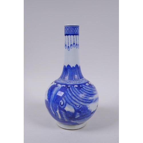 35 - A blue and white porcelain bottle vase decorated with a figure riding a buffalo drawn raft, Chinese ... 