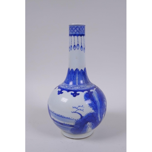 35 - A blue and white porcelain bottle vase decorated with a figure riding a buffalo drawn raft, Chinese ... 