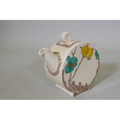 4 - A Clarice Cliff Bonjour shape teapot with passion fruit design, marked to base, 13cm high