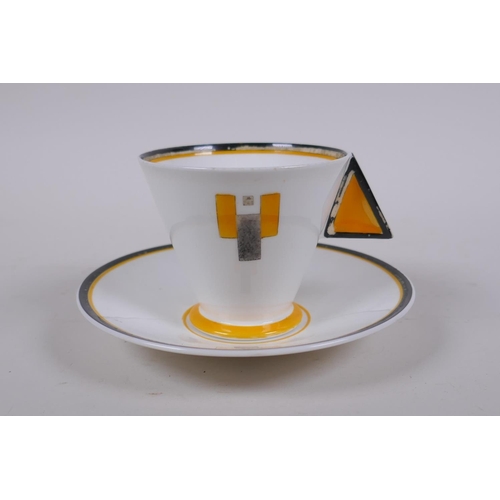 44 - Three 1930 Shelley Art Deco 'Vogue' shaped cup and saucers in the Yellow Blocks pattern, designed by... 