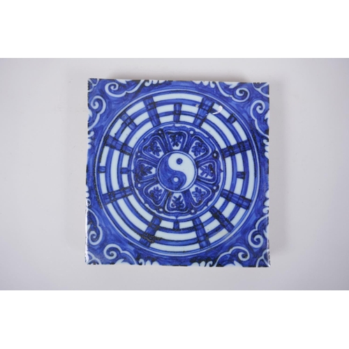 45 - A Chinese blue and white porcelain temple tile with Yin Yang decoration, 19 x 19cm