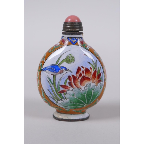 46 - A Chinese enamel snuff bottle decorated with birds and flowers, 4 character mark to base, 5cm high