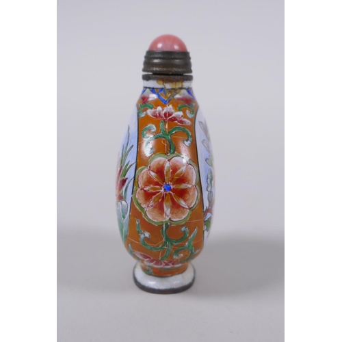 46 - A Chinese enamel snuff bottle decorated with birds and flowers, 4 character mark to base, 5cm high