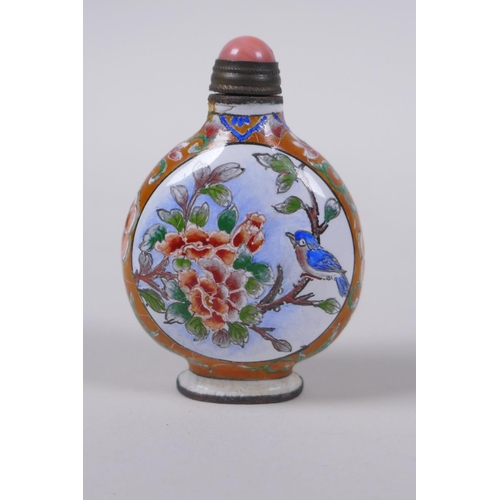 46 - A Chinese enamel snuff bottle decorated with birds and flowers, 4 character mark to base, 5cm high