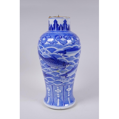 5 - A C19th Chinese blue and white porcelain vase decorated with carp and crabs, Xuande 4 character mark... 