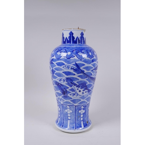 5 - A C19th Chinese blue and white porcelain vase decorated with carp and crabs, Xuande 4 character mark... 