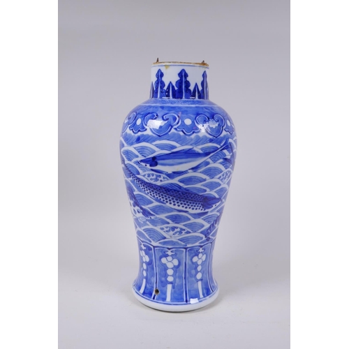 5 - A C19th Chinese blue and white porcelain vase decorated with carp and crabs, Xuande 4 character mark... 