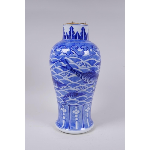 5 - A C19th Chinese blue and white porcelain vase decorated with carp and crabs, Xuande 4 character mark... 