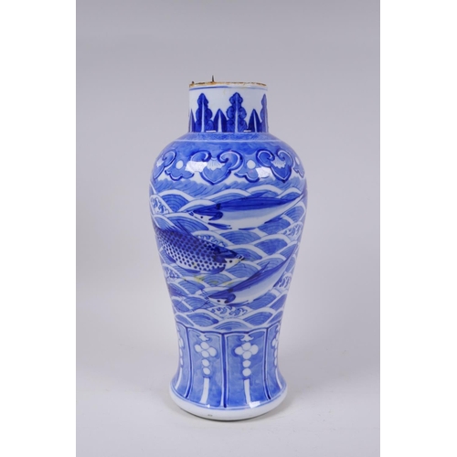 5 - A C19th Chinese blue and white porcelain vase decorated with carp and crabs, Xuande 4 character mark... 