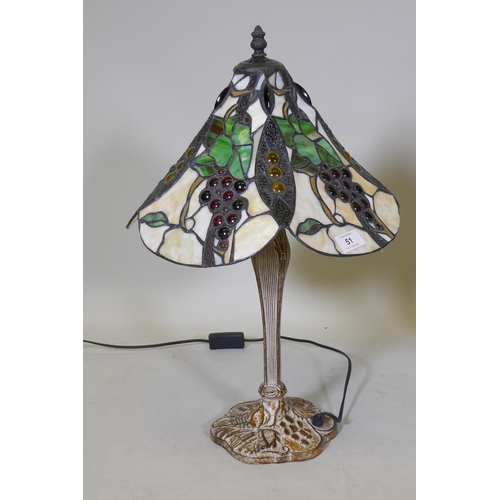 51 - A pair of Tiffany style table lamps, with metal bases and glass shades, 55cm high